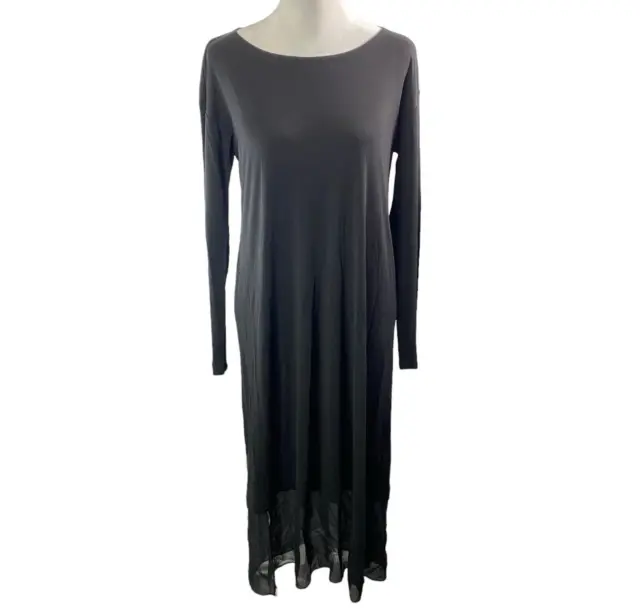 EILEEN FISHER Dress 100% Silk Midi Long Sleeve Scoop Neck Black S 45-4