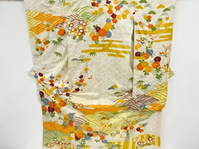 36659# Japanese Kimono / Antique Furisode / Embroidery / Kiku & Shochikubai