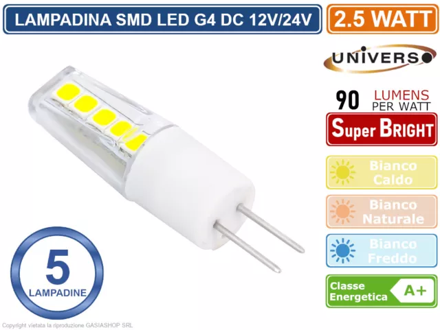 5 Pezzi Universo Lampadina Led G4 2W Bulb Chip Smd 300° 200 Lumen Ac/Dc 12V