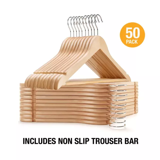 Wooden Coat Trouser Hangers Clothes Suit Garments Wardrobe Non Slip Bar 50x Set