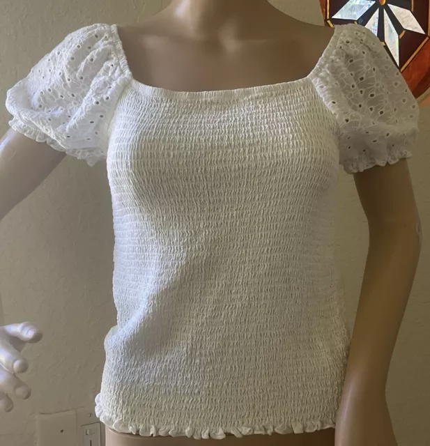 Art Class Smocked Top Girls XXL 18/20 Short Puff Eyelet Sleeve Lettuce Hem White