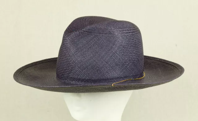 $368 Janessa Leone Women's Navy Blue Panama Fedora Straw Hat Sz S W/Tag
