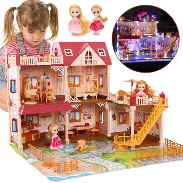 CUTE STONE 5 Rooms Huge Dollhouse with 2 Dolls and Colorful Light, 26" x 23" ...