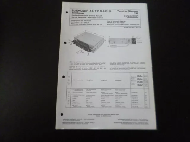 Original Service Manual Schaltplan Blaupunkt Toulouse CR Mono