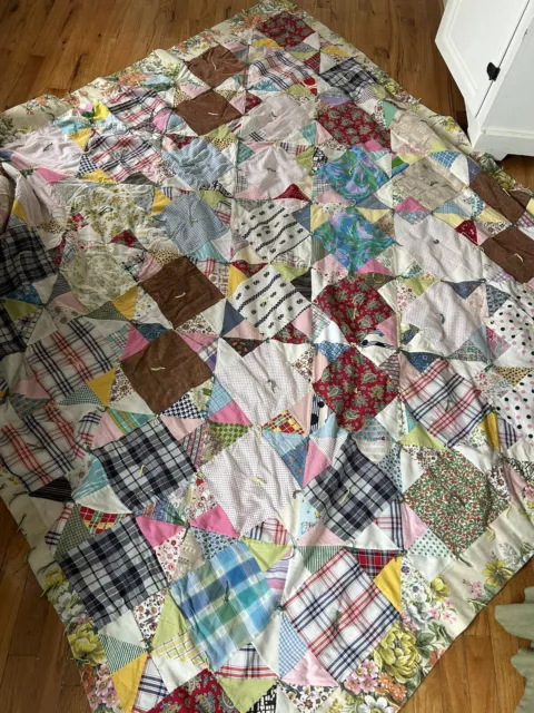 1960s Print Patchwork Quilt Handmade  Flower Power Reversible Patchwork H Stitch