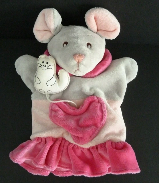37. Doudou Marionnette Souris Ajena Gris Robe Rose Chat Blanc Coeur - Ttbe *