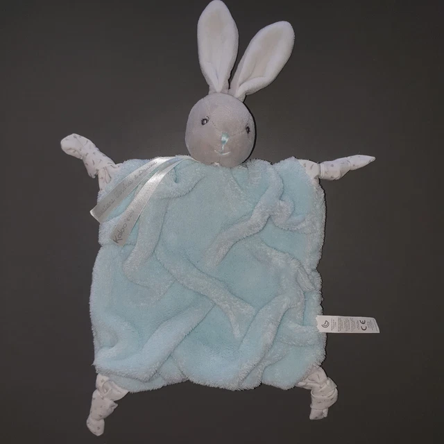 Doudou Plat Lapin Kaloo Plume Vert D'eau Gris Blanc Nœuds Neuf