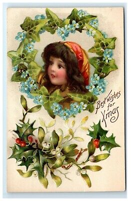 Postcard Best Wishes for Xmas embossed child floral wreath 1909 F21