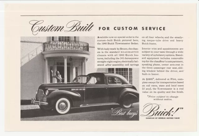 1940~Buick Townmaster Sedan~Whitewall Tires~GM~Classic Car~Vintage 40s Print Ad