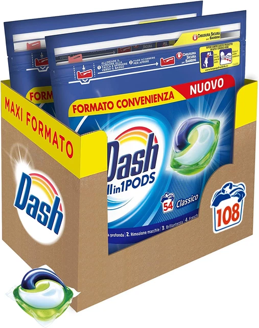 Dash Pods All in 1 Detersivo Lavatrice Capsule 108 Lavaggi 2 X 54 Classico Maxi