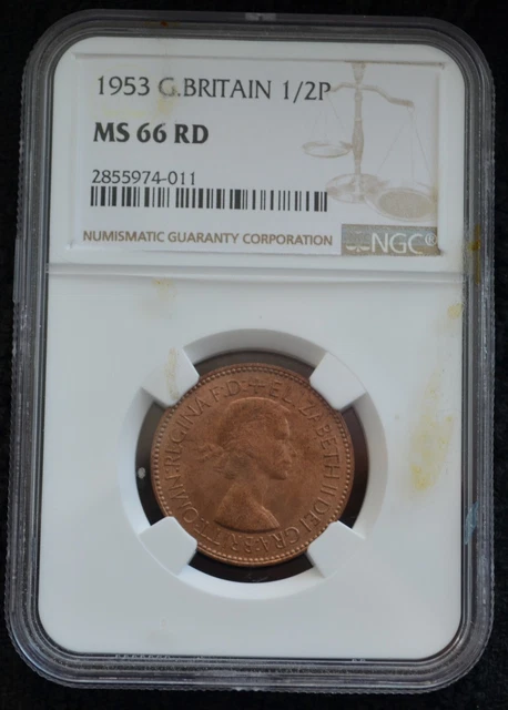 1953 Great Britain Half Penny Graded by NGC as MS 66 RD