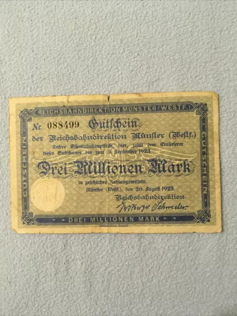 3 Millionem Mark Münster 1923 Reichsbahndirektion