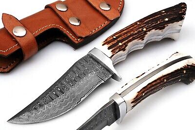 Custom Handmade Damascus Hunting And Skinning Knife With Deer Stag Antler Handle