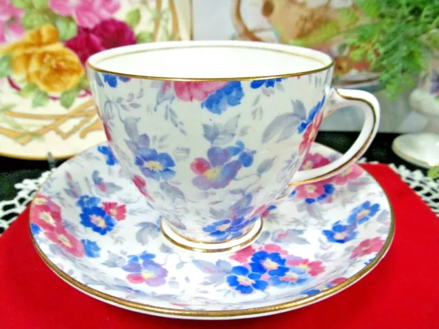 Old Royal tea cup and saucer  pink blue floral  teacup England 1930s chintz HPT