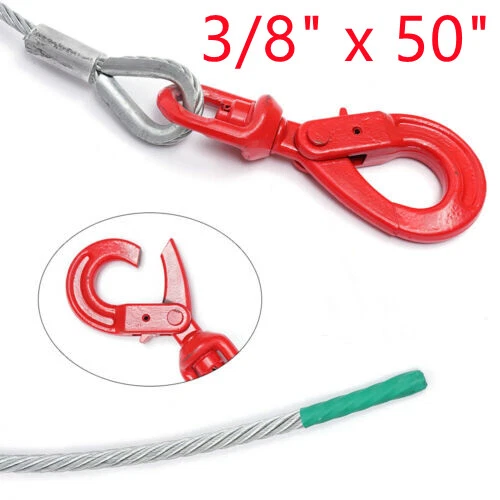 Galvanized Wire Rope Steel Winch Cable with Self Locking Swivel Hook 3/8" x 50''