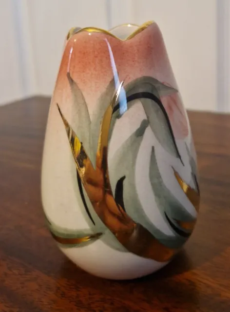 Handmade Porcelain Pink Tulip Vase Painted With 24 Ct Gold