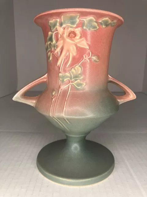 Vintage 1940s Roseville Columbine Vase 151-8 Two Handled Pink Blue Green