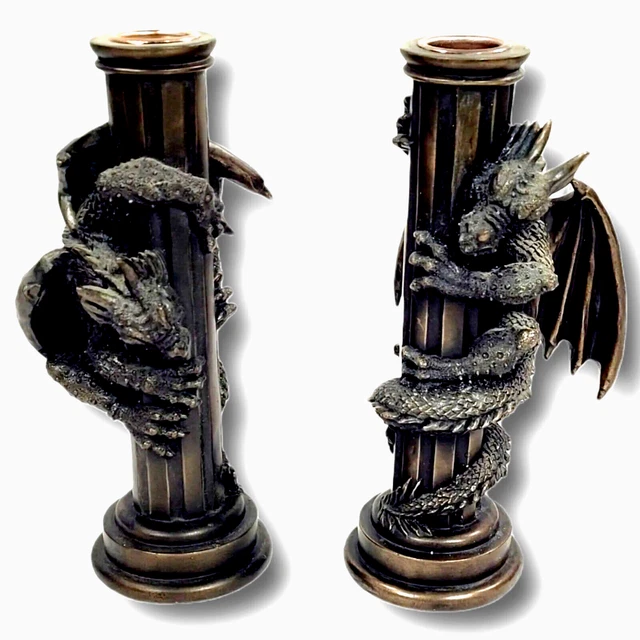 WUI Dragons Candle Holder Pair Scaling Greek Columns Vintage 1998 Mythical Resin