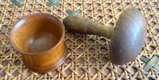 Treen x2, 18th century turned wooden bowl, 19th century darning mushroom,