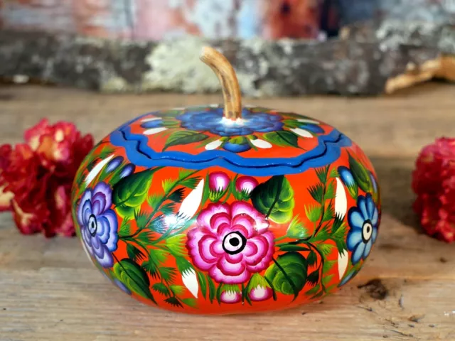 #22 Box Lacquer Gourd Hand Painted Flowers Handmade Olinalá Mexican Folk Art Med