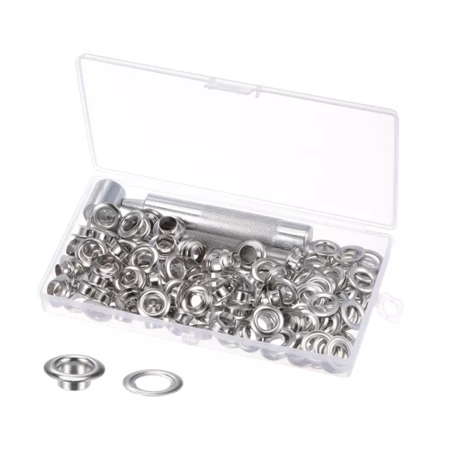 Grommet Kit 100 Set 8mmx15mm Dia Copper Grommets Eyelets with Tools, Silver Tone