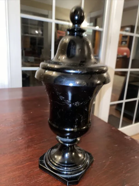 Pair of Vintage Black Glass Urn Urns + Matching Dish Nice Jars Lids 4