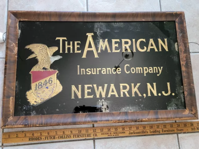 Vintage American Insurance Co Sign Newark New Jersey NJ Reverse Painted Glass