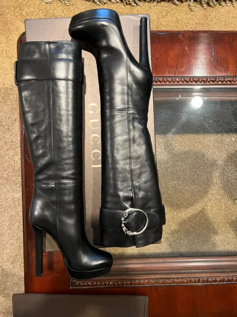 New in Box Gucci Black Leather Knee High Platform Boots Size 38.5