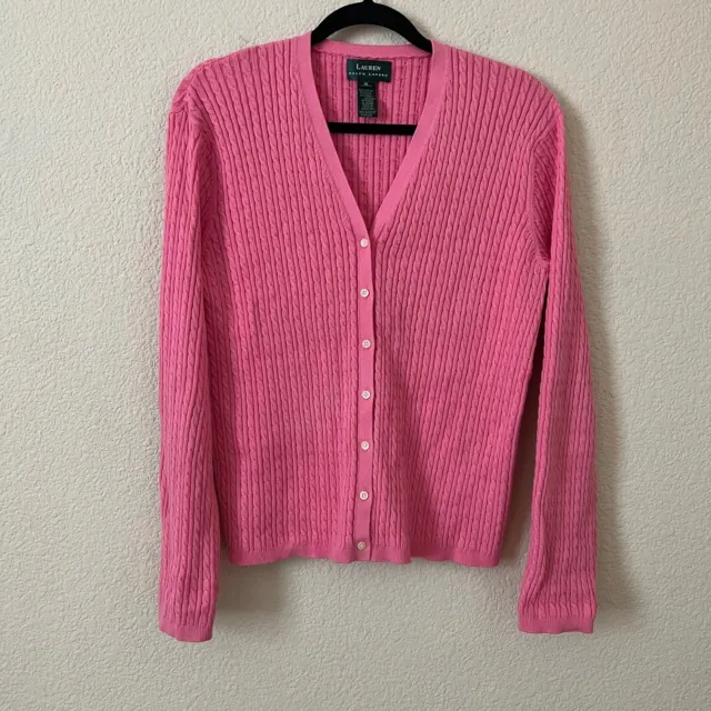 Lauren Ralph Lauren Size XL Women Pink Button Up Cable Knit Cardigan Sweater