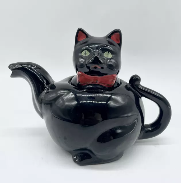 Vintage Black Cat Halloween Witch Brew Coffee Tea Pot Redware kitty red ware
