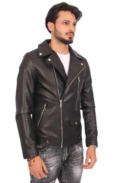 Giubbotto Giacca Uomo Ecopelle Bikers Chiodo Autunno Inverno Regular Fit Nero