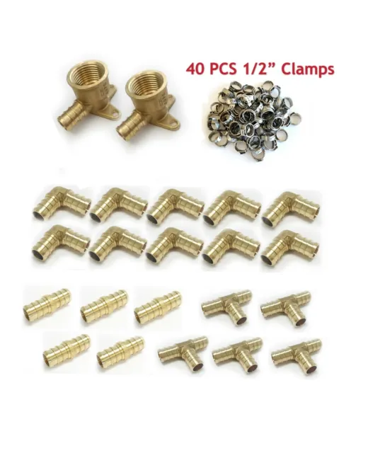 Efield 62 Pcs 1/2" Pex Crimp Fittings  2 Drop-Ear Elbows, Tee, Coupling Elbow