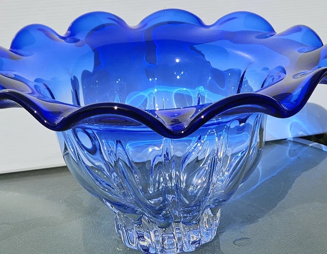 Shannon Crystal Cobalt Clear/Blue Ruffled Bowl Designs of Ireland 6.75" x 12"