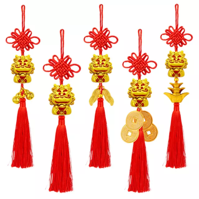 Chinese Dragon Lucky Charms 5pcs Knot Hanging Pendants Fengshui Tassel Decor-LH