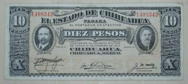 1915 Mexico El Estado De Chihuahua Diez 10 Pesos Paper Banknote Ef 🇲🇽