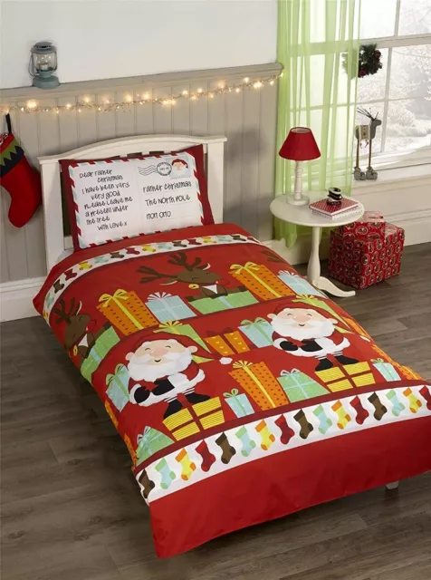 Father Christmas Santa Mail List Single Duvet Quilt Cover Kids Bedding Set Red
