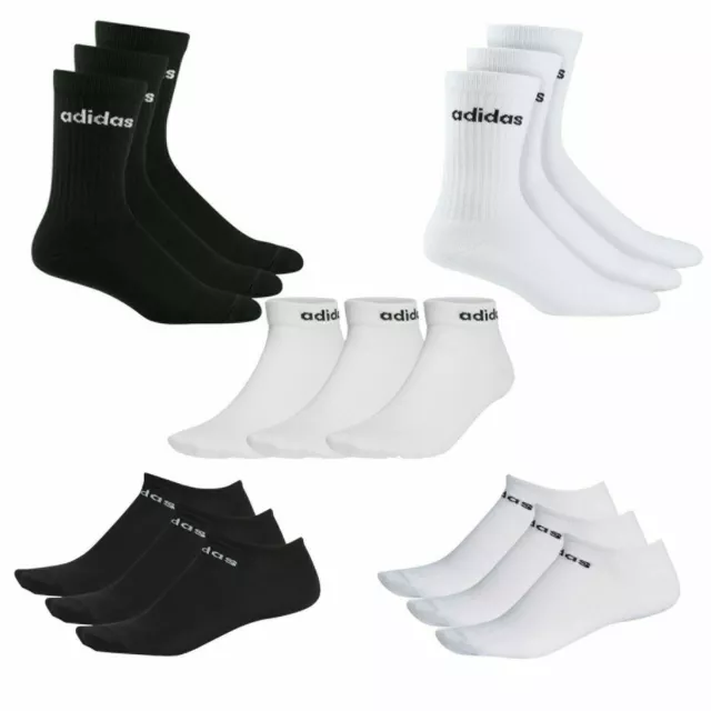 Adidas Mens Socks 3 Pack Crew Ankle No Show Sports Black White Size Uk 14 - 17