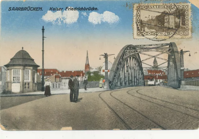 Ak Saarbrücken, Kaiser Friedrichbrücke, gelaufen nach Ungarn 1932