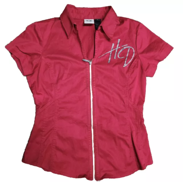 Harley Davidson Shirt Womens Large Red Zip Up Rhinestone Logo Top