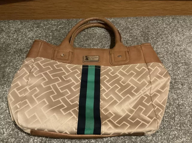 Tommy Hilfiger Beige/Green/Blue Logo Stripe Large Tote Bag Handbag VGC