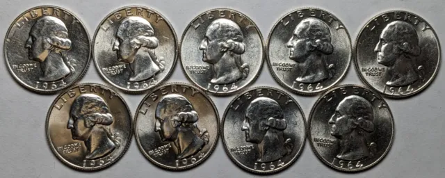 1964 D Washington Silver Quarters Lot of 9 Unc