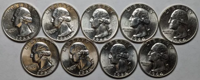1964 D Washington Silver Quarters Lot of 9 Unc