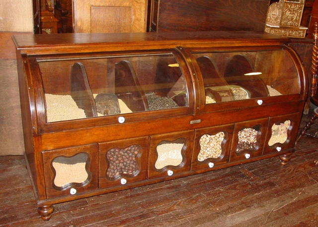 Neat antique curved glass country store seed dry goods display case----16027