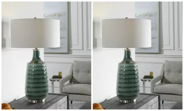 Pair Scouts Hand Carved Ceramic Xxl 31" Table Lamp Uttermost 28376
