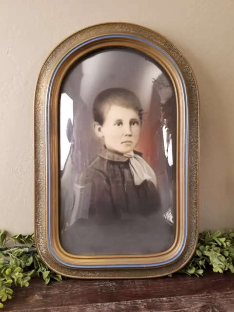 Antique Framed Convex * Bubble Glass Portrait of Young Boy * Blue Details * 180