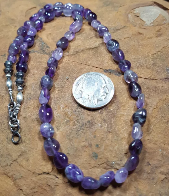 Sterling NAVAJO PEARL Amethyst Nuggets Bench Beads Necklace Vtg Old Silver ~18"