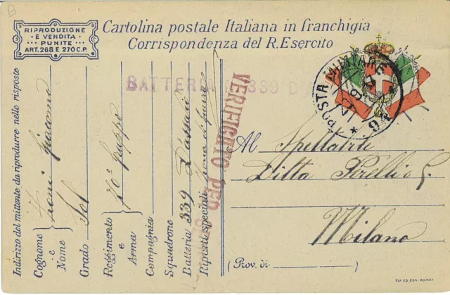 Franchigia R. Esercito. Posta Militare 94. Batteria 339 D'Assalto. 20.9.1917