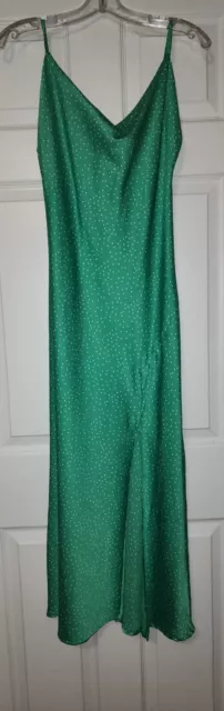 Paper Heart Emerald Green Polka Dot Satin Strap Front Slit Dress Size Medium