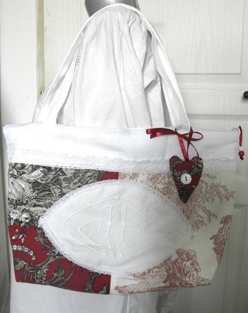 Sac à Main Fait Main En Toile De Jouy Rouge - Zippé Avec Initiales - Unique Et Neuf