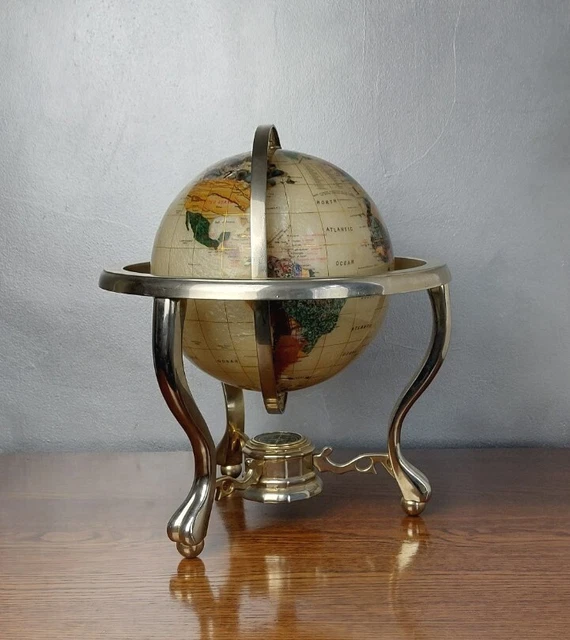 14” Tall Semi Precious Gemstone World Globe With 3 Leg Stainless Stand & Compass